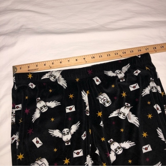 Wizarding World Harry Potter Pajama Pants Size L Hedwig Owl Black Velour Womens - Picture 5 of 7